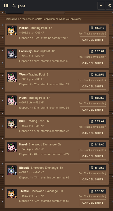 Job Board: cinco gatos no Trading Post e três no Sherwood Exchange. Os campos +pts de cada gato estão destacados em dourado e o tempo restante do job em azul.