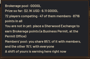 Exemplo da pool GOOGL: 2100 dólares, 72 jogadores, 47 membros e 8716 pontos.